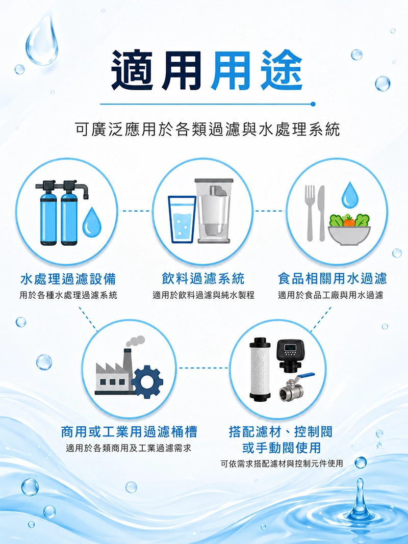 FRP桶槽適用用途說明圖，展示可應用於水處理過濾設備、飲料過濾系統、食品相關用水過濾、商用或工業用過濾桶槽，以及搭配濾材、控制閥或手動閥使用