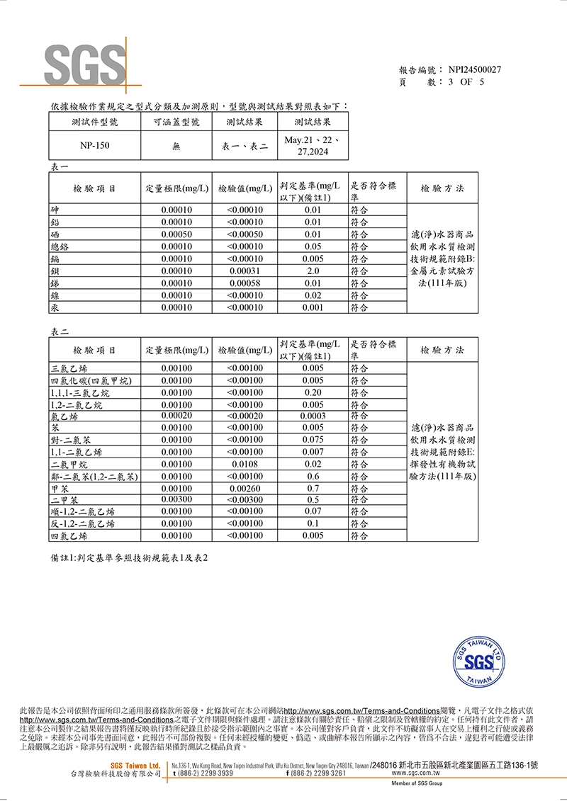 NP-150水質檢測報告