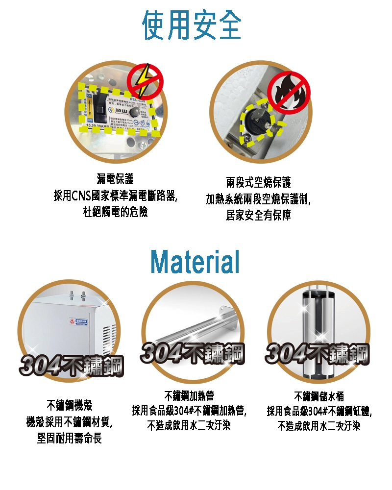 AW-815不鏽鋼廚下型加熱器使用安全有漏電保護、兩段式空燒保護、304不鏽鋼機殼，加熱管及儲水桶