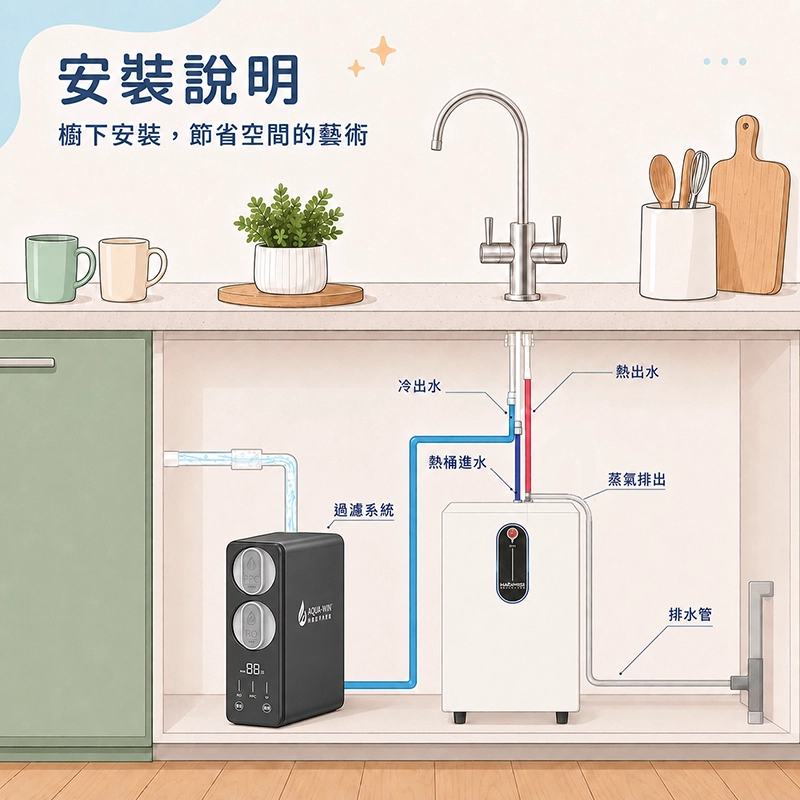 廚下安裝示意圖，展示 Aqua-Win 淨水過濾系統與加熱主機安裝於流理台下方，包含冷出水、熱出水、熱桶進水、蒸氣排出與排水管配置，節省廚房檯面空間。