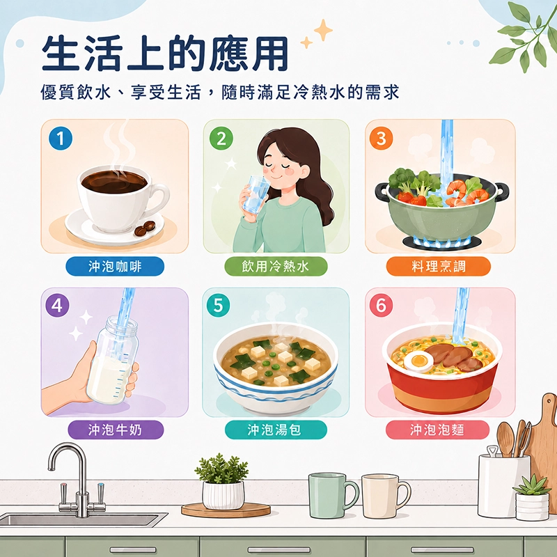 生活上的應用示意圖，展示淨水設備可用於沖泡咖啡、飲用冷熱水、料理烹調、沖泡牛奶、沖泡湯包與沖泡泡麵，滿足日常飲水與料理需求。