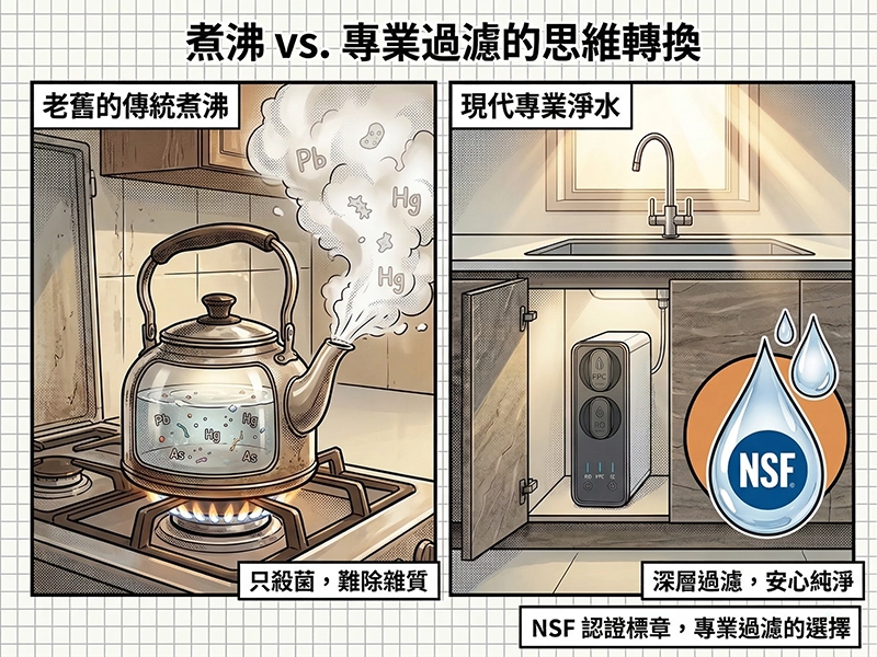 傳統燒水煮沸與現代RO專業淨水器對比