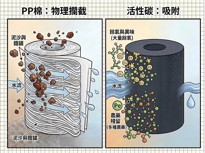淨水器濾心原理：PP棉物理攔截與活性碳化學吸附