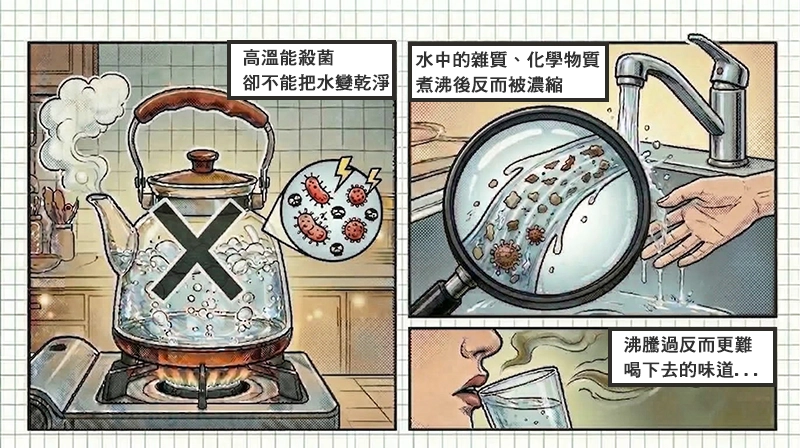 煮沸殺菌與水中化學物質濃縮現象對比圖