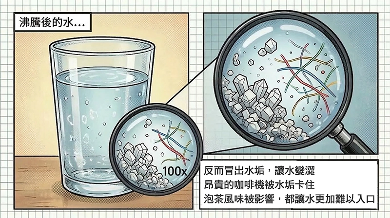 顯微鏡下的水垢結晶與微塑膠纖維對比圖