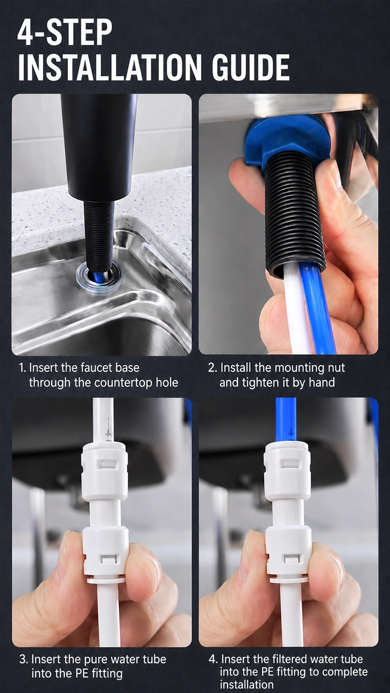 Dual outlet water purifier faucet with stainless steel and ABS material, lead-free waterway, ceramic cartridge, high flow rate, swivel rotation, and tool-free installation