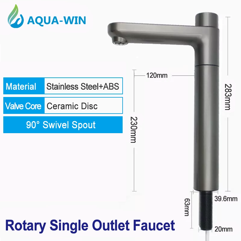 Single outlet rotary water purifier faucet with stainless steel and ABS material, ceramic valve core, 90-degree swivel spout, and detailed size specifications