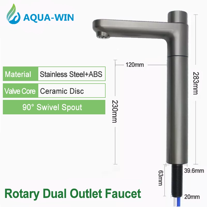 Dual outlet rotary water purifier faucet with stainless steel and ABS material, ceramic valve core, 90-degree swivel design, and product dimensions
