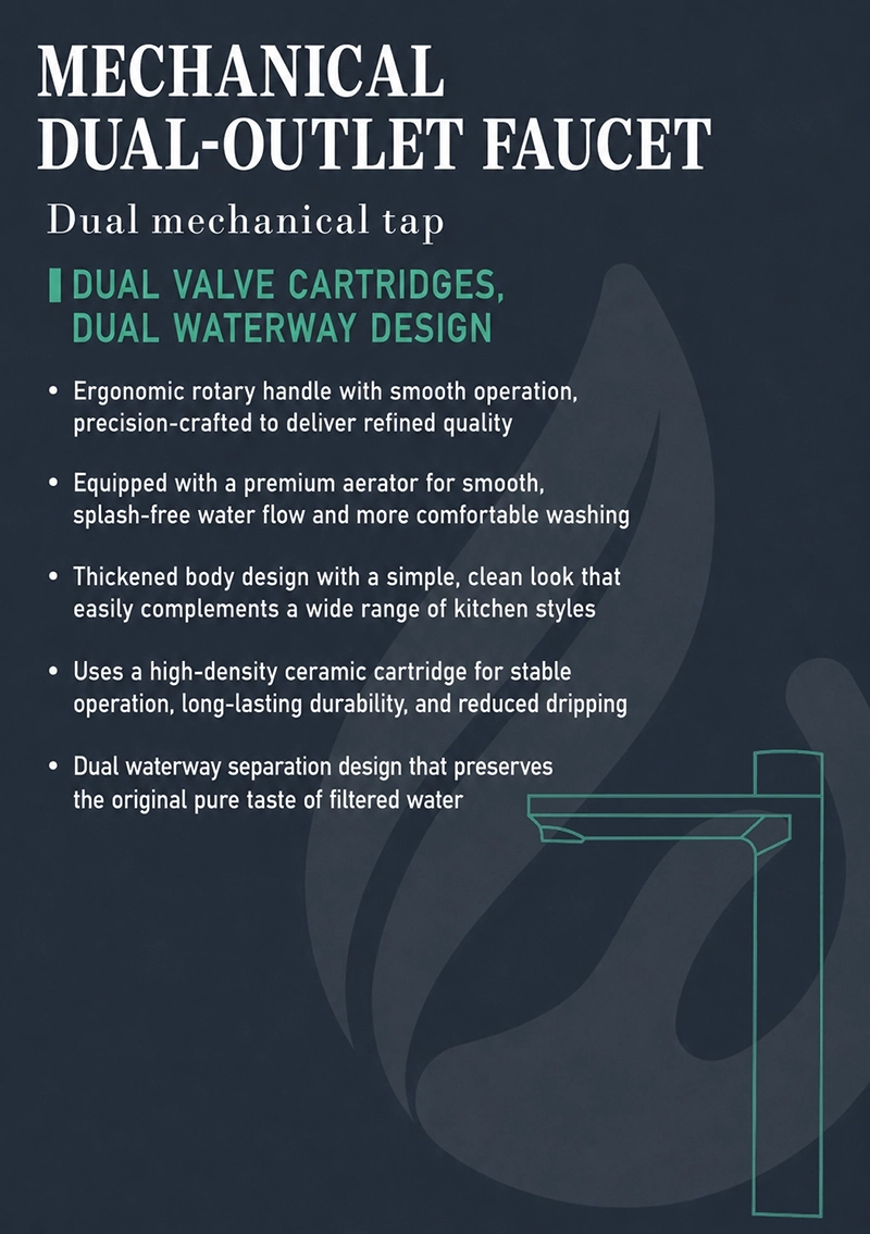 Mechanical dual outlet faucet with dual valve cartridges, dual waterway design, ceramic cartridge, and aerated flow nozzle