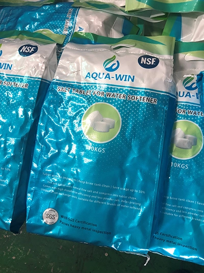 Aqua-Win 10kg salt tablets for water softener systems with NSF and SGS certification, suitable for household and commercial soft water equipment.