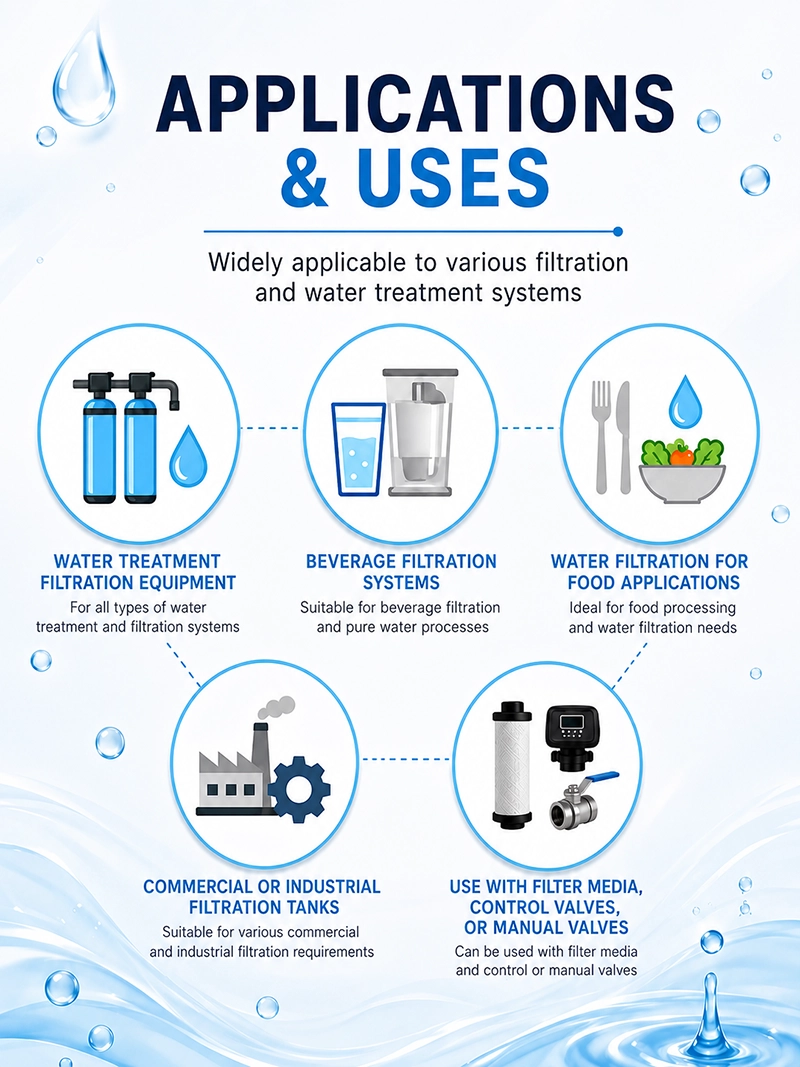 Water filtration applications infographic featuring water treatment equipment, beverage filtration systems, food processing water filtration, commercial and industrial filtration tanks, filter media, control valves, and manual valves.