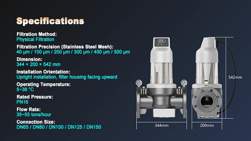 Specifications of industrial automatic backwash water pre-filter system including flow rate, filtration precision, pressure rating, and connection sizes