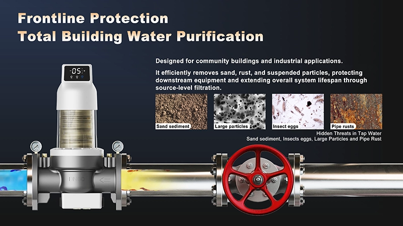 Frontline whole-building water pre-filtration system designed to remove sand, rust, large particles, and contaminants in industrial and community water applications